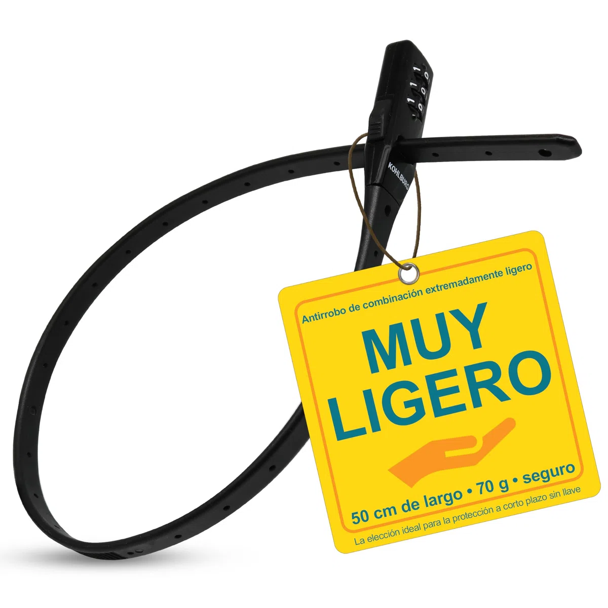 KOHLBURG antirrobo super ligero – solo 70 g con código numérico – para bicicleta mide 50 cm, compacto y seguro – tipo brida para bicicleta de carretera, scooter y patinete – candado para casco y esquí