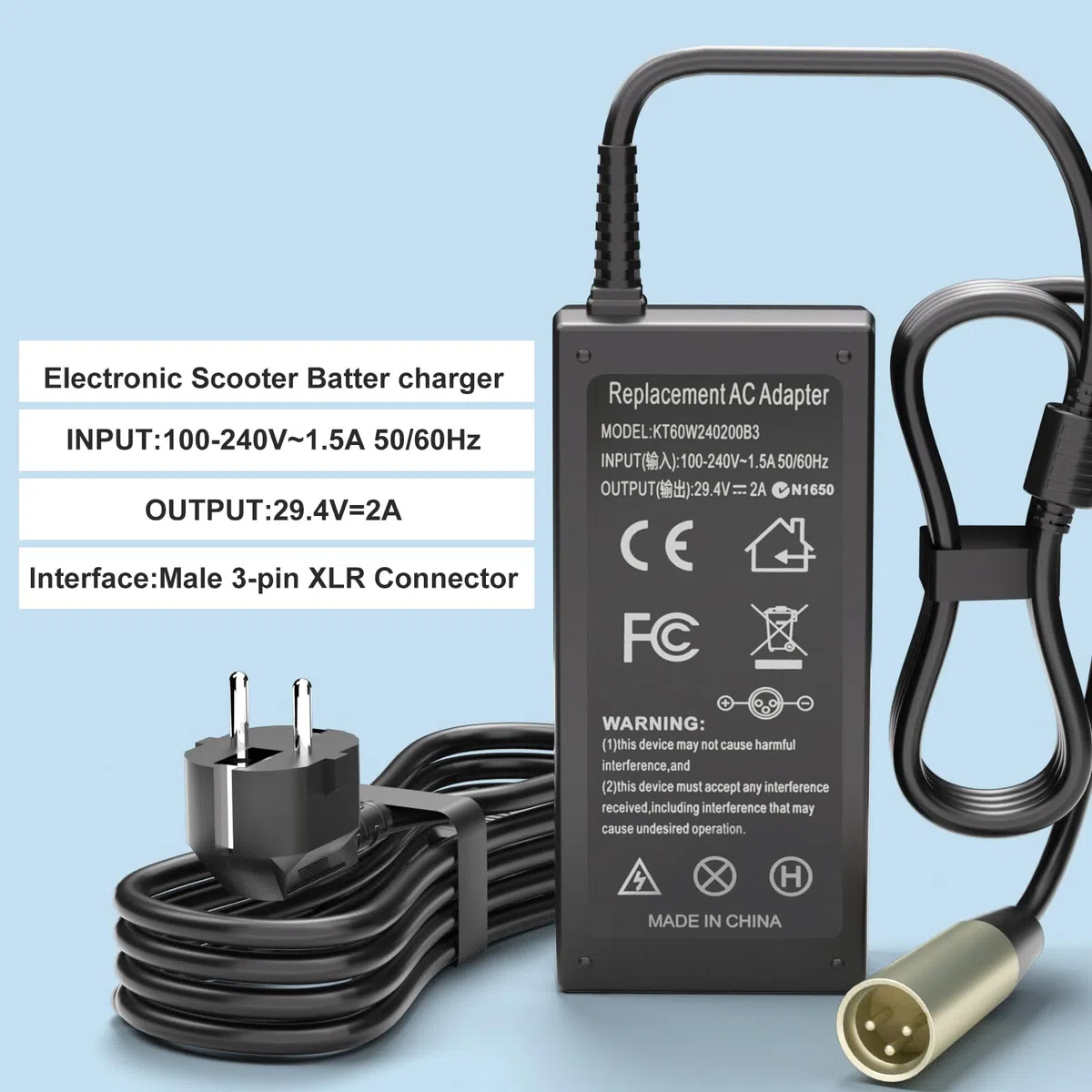 Cargador XLP de 29,4V 24V y 2A con 3 Pines para Scooters eléctricos Premium, sillas de Ruedas, Go-Go Elite Traveller, Jazzy Power Chair, Pride Mobility, ShopRider, Ezip D-Rive Medical, Bladez y Elite