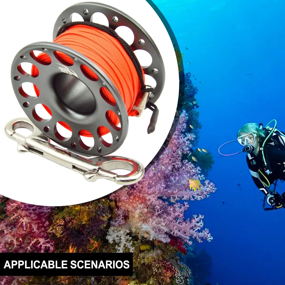 HpLive Carrete de Buceo de 30 m - Aleación de Aluminio y Acero Inoxidable Con Doble Gancho para Suministros de Buceo y Esnórquel Bajo el Agua