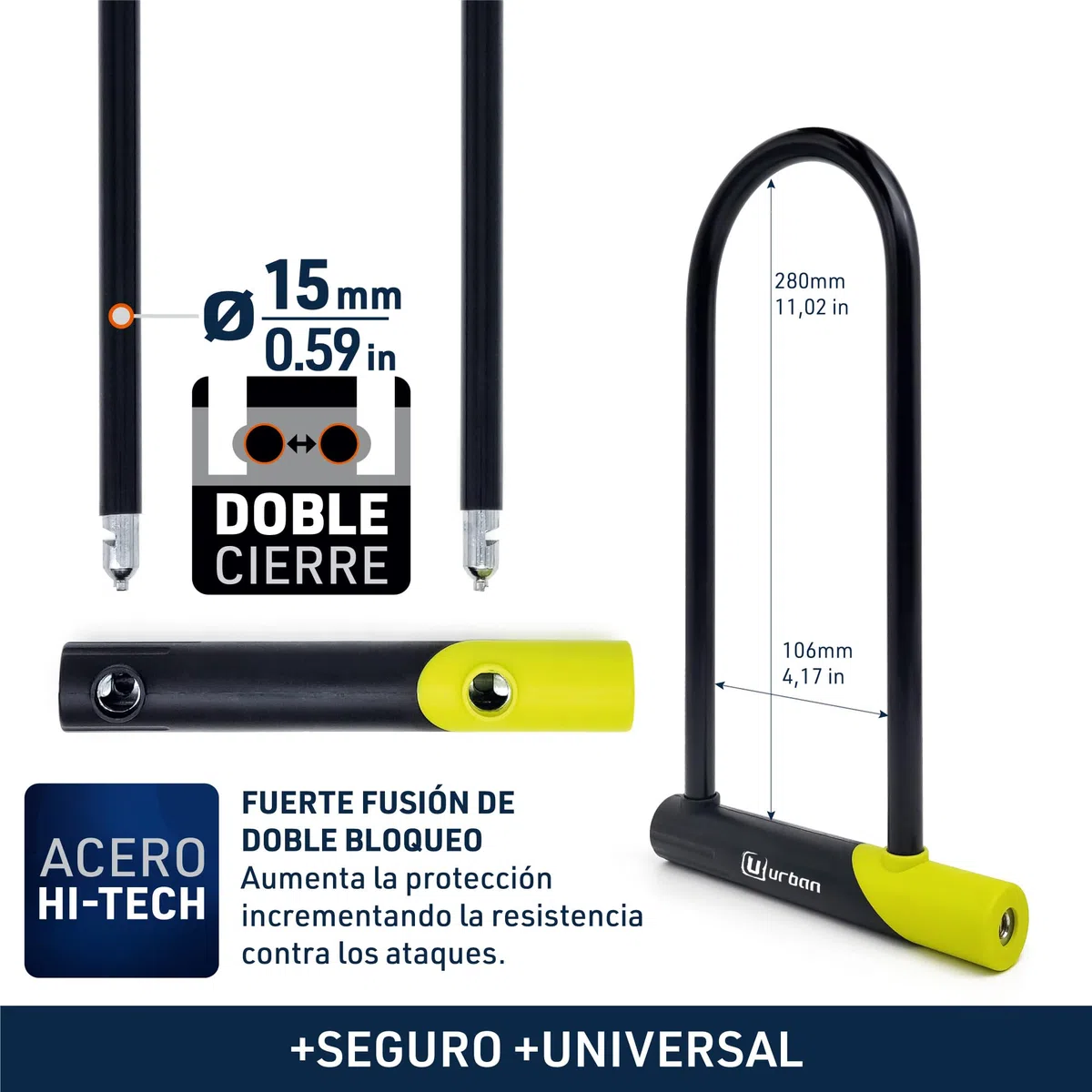 URBAN 12U300 Candado Bicicleta U, Alta Seguridad, Ligero y Amplia Horquilla ø15 Acero Endurecido de Doble Bloqueo, Cerradura Anti-Ganzúa, Soporte Fácil Transporte, Antirrobo Universal Bici Patinete