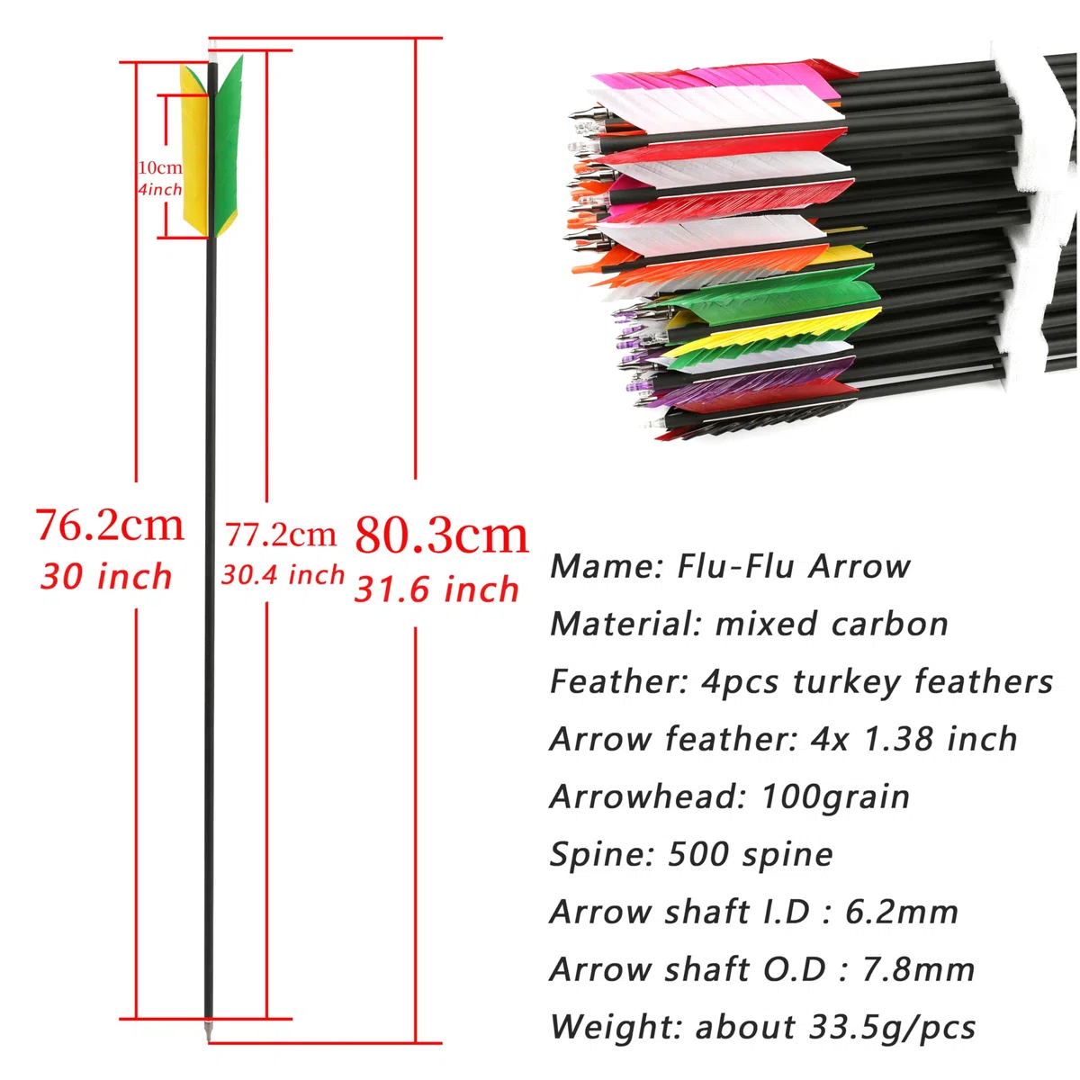 Flecha de Carbono de 30 Pulgadas Flu-Flu Flecha con 4pcs Plumas de Pavo Fletching 500 Spine Flecha de Tiro para Arco Compuesto Arco Recurvo 6/12pcs