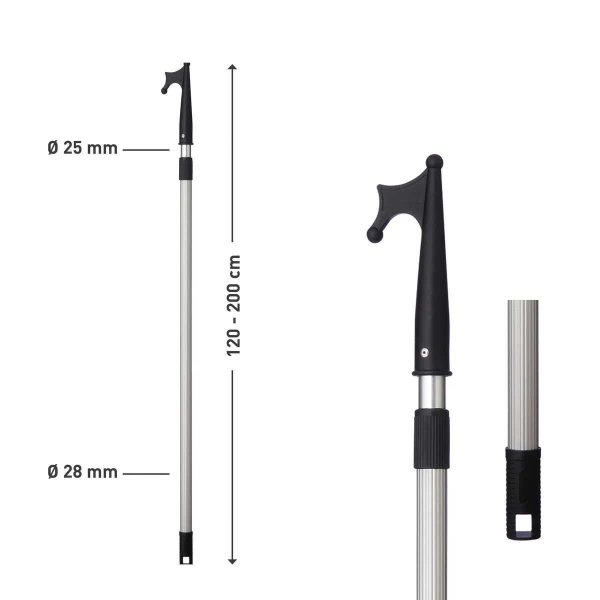 Gancho telescópico para barcos Sprenger de aluminio anodizado I compacto, bloqueable y extensible 1.200/2.000 mm, ø 25/28 mm