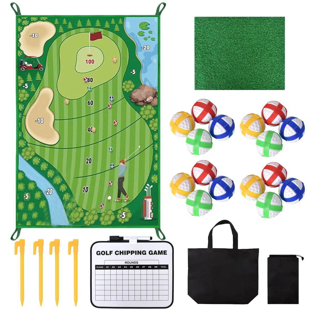 Set de Juego de Golf para Interior y Exterior - Juego de Golf con Alfombra de Golpeo, 16 Pelotas Adhesivas, Estacas y Tablero de Puntuación para el Hogar, Jardín, Oficina o Regalo para Golfistas