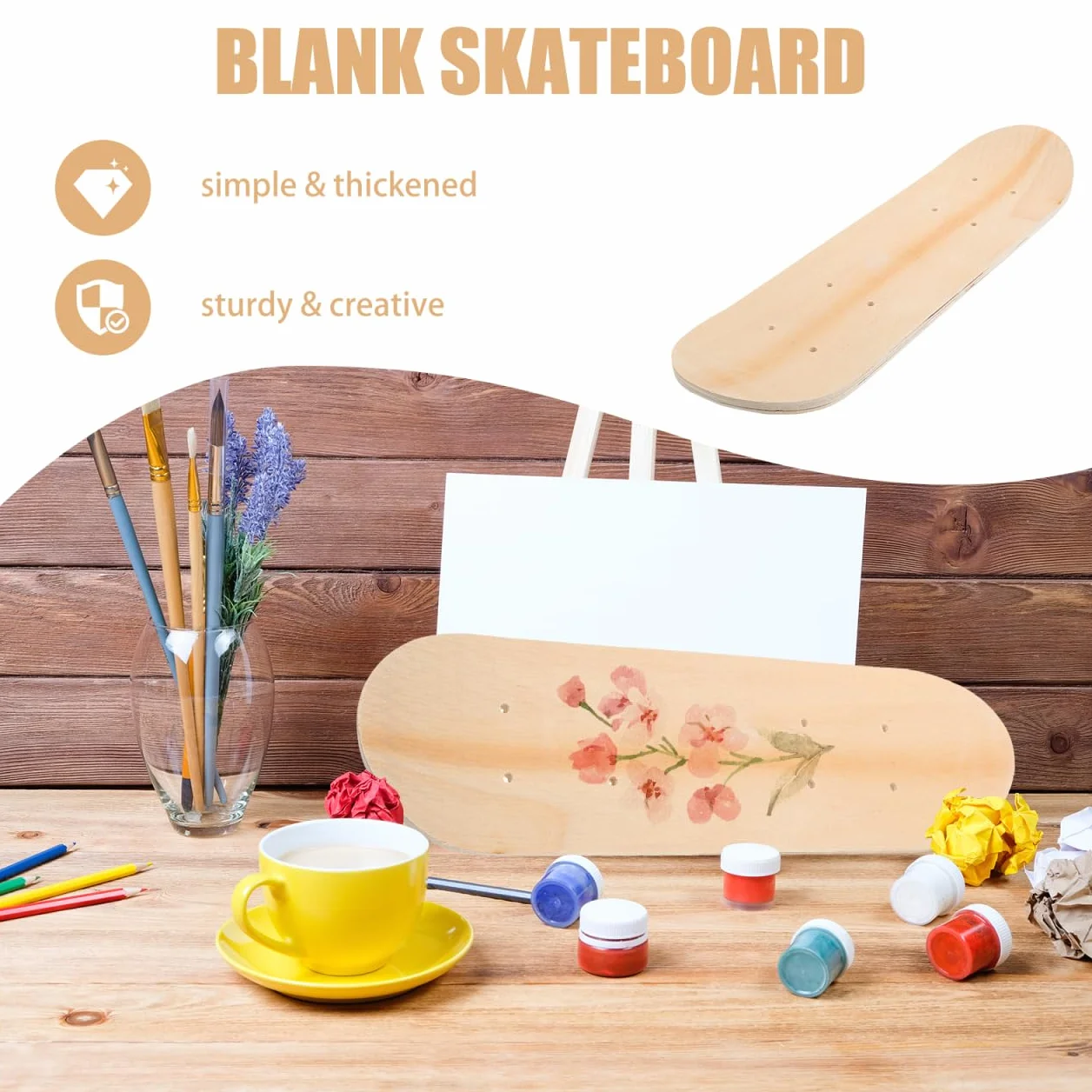 Tabla Skate para Pintar Deck De Monopatín DIY para Superficie Lisa para Graffiti Y Manualidades Resistente Y Duradera 43CM