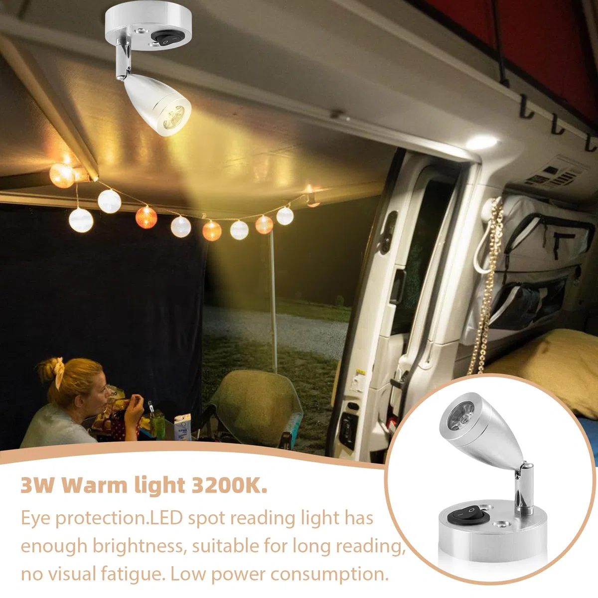 2 lámparas LED de lectura 12 V, luz blanca cálida 3000 K, 3 W, iluminación interior de autocaravana, interruptor ajustable, lámpara para caravana, barco
