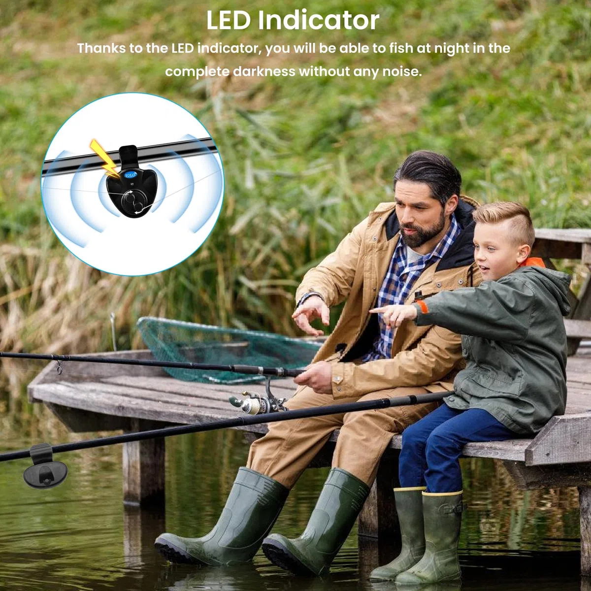 Vegena Alarma electrónica de picada de pesca, 4 unidades electrónica, alarma electrónica de mordida, juego de pesca sensible, indicador electrónico con indicador luminoso LED