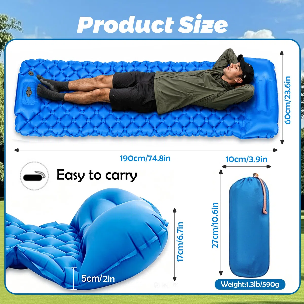 Esterilla Camping Inflable, Ultraligero Colchoneta Camping con Bomba de Pie, Compacta y Portátil para Mochila, Senderismo y Actividades al Aire Libre