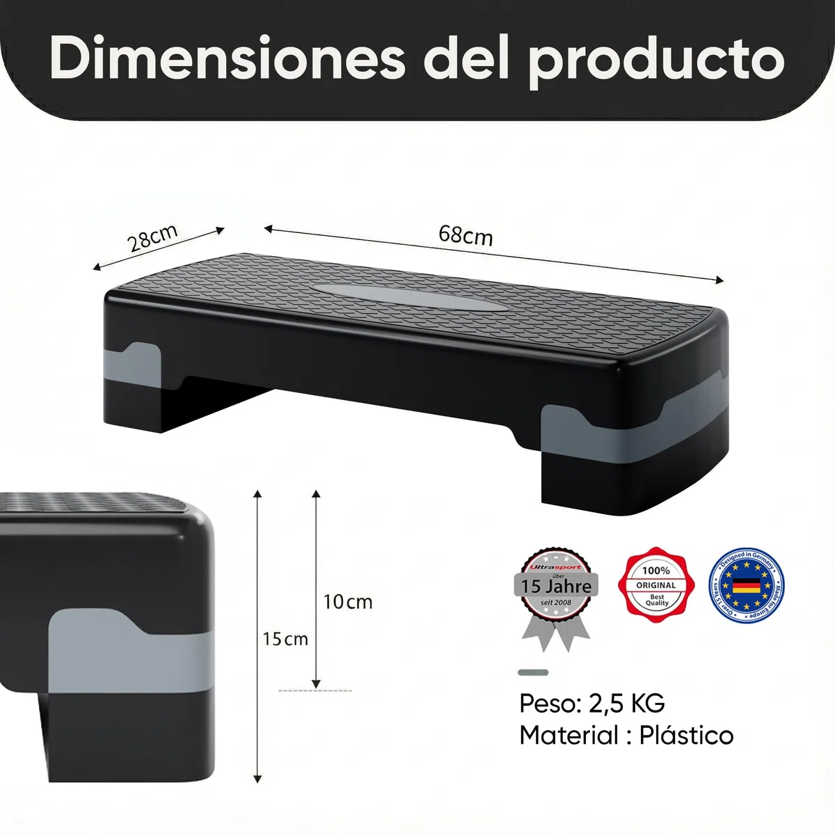 Ultasport Step de Aeróbic I Steps Fitness I Antideslizante, Ajustable en 2 Alturas I Stepper para Ejercicio en Casa, Stepboard, Stepbench 68 x 28 cm, Gris