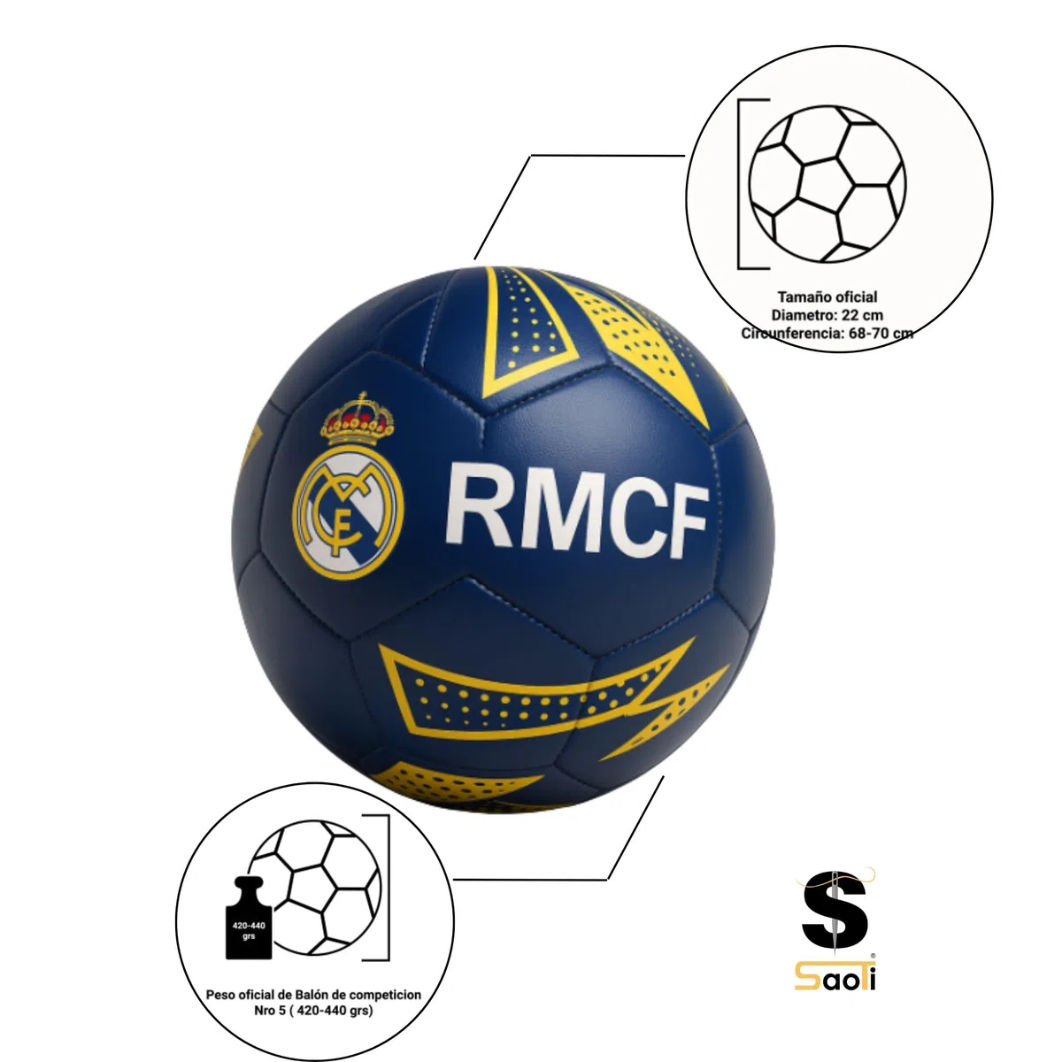 SaoTi Balon Futbol Talla 5 Diseño Inspirado en Club de Madrid Azul y Dorado - Balones de Futbol Resistentes Cosidos a Máquina - Pelotas Futbol Entrenamiento Adulto Niño Escudo RM