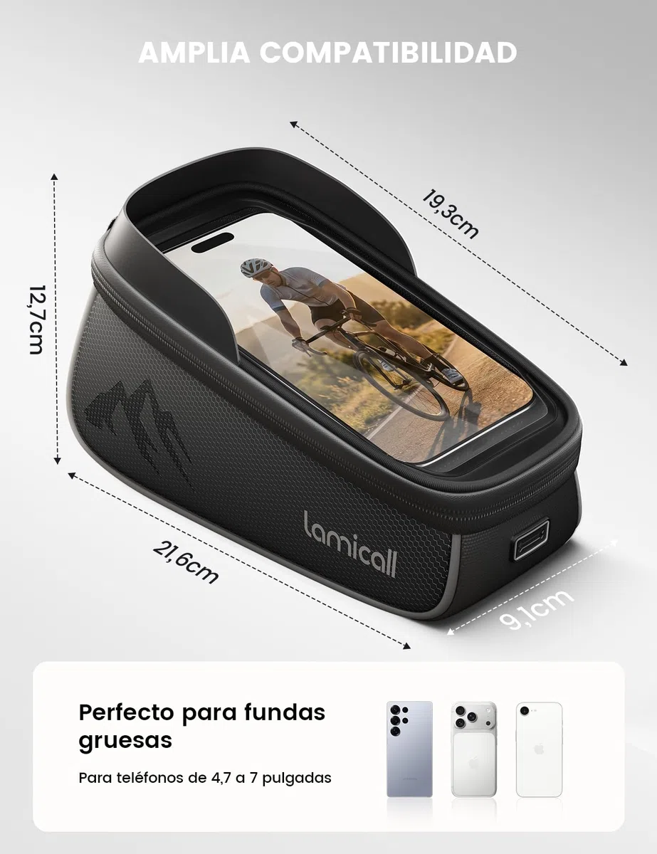 Lamicall Bolsa Móvil Bicicleta Impermeable, Bolsa Bicicleta Cuadro - [1.6L Gran Capacidad] Soporte Movil Ciclismo con Funda para la Lluvia, Pantalla Táctil TPU, Bolsa Manillar para Móvil de hasta 7''