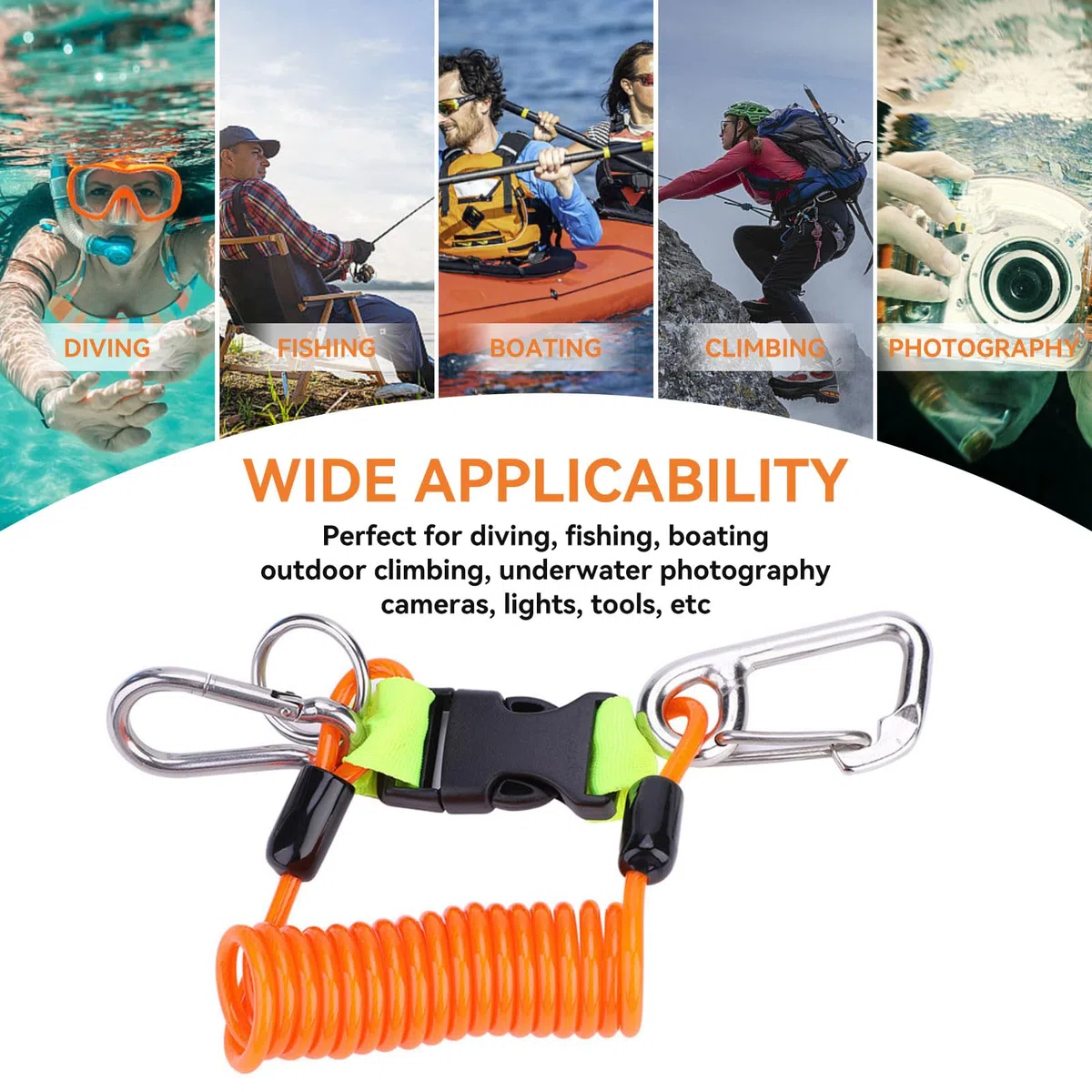 Cordón para buceo, 16,3x7cm/6,4x2,7in cordón cámara buceo de acero inoxidable, enrollado con resorte clip alta resistencia con correa y hebilla de liberación rápida para BCD, cámaras y linternas