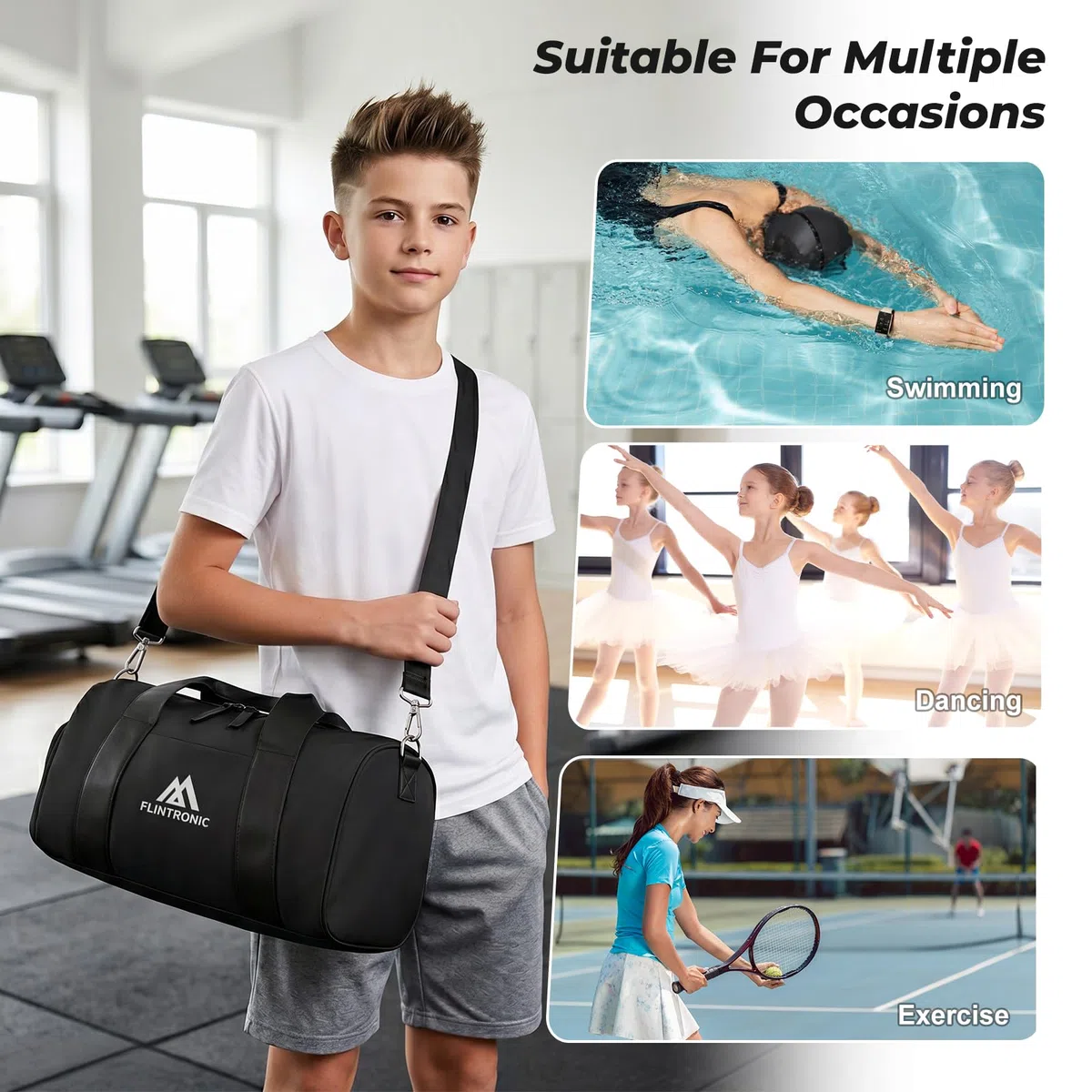 Flintronic Pequeña Bolsa De Deporte para Mujeres, Bolsa de Viaje para Niñas y Niños, Bolsa De Deporte con Zapatero y Bolsillo para Húmedos, para Fitness, Natación y Viaje (Negro)