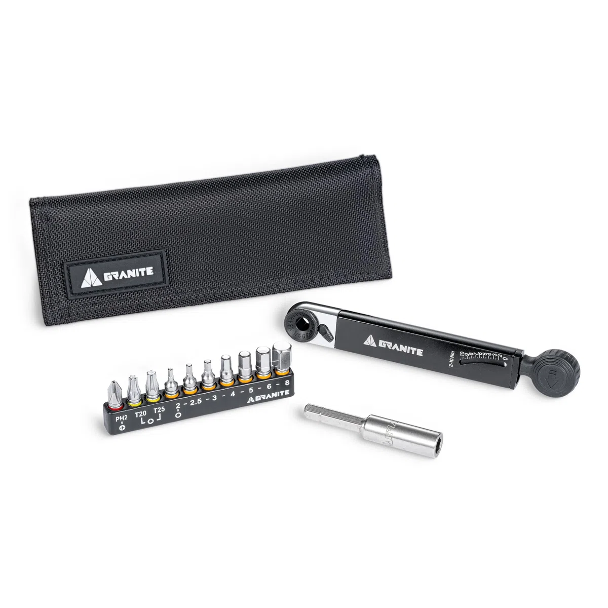 Granite Rocknroll TQ Torque Ratchet Kit de Herramientas para Bicicletas, Kit de multiherramientas para Bicicletas con 10 Puntas de Herramientas y Barra de extensión (Negro)