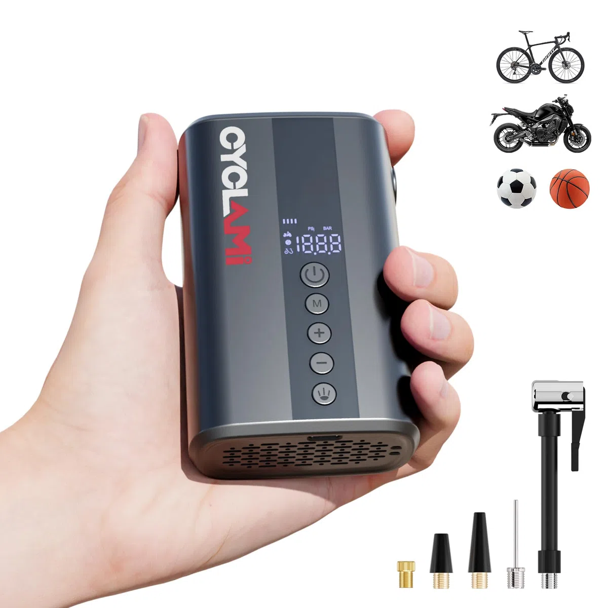 Bomba de Bicicleta, CYCLAMI 130PSI Bomba para Bicicleta Eléctrica, Bomba de Bicicleta Portátil para Válvulas Presta & Schrader para Bicicleta de montaña, Bicicleta de Ciudad