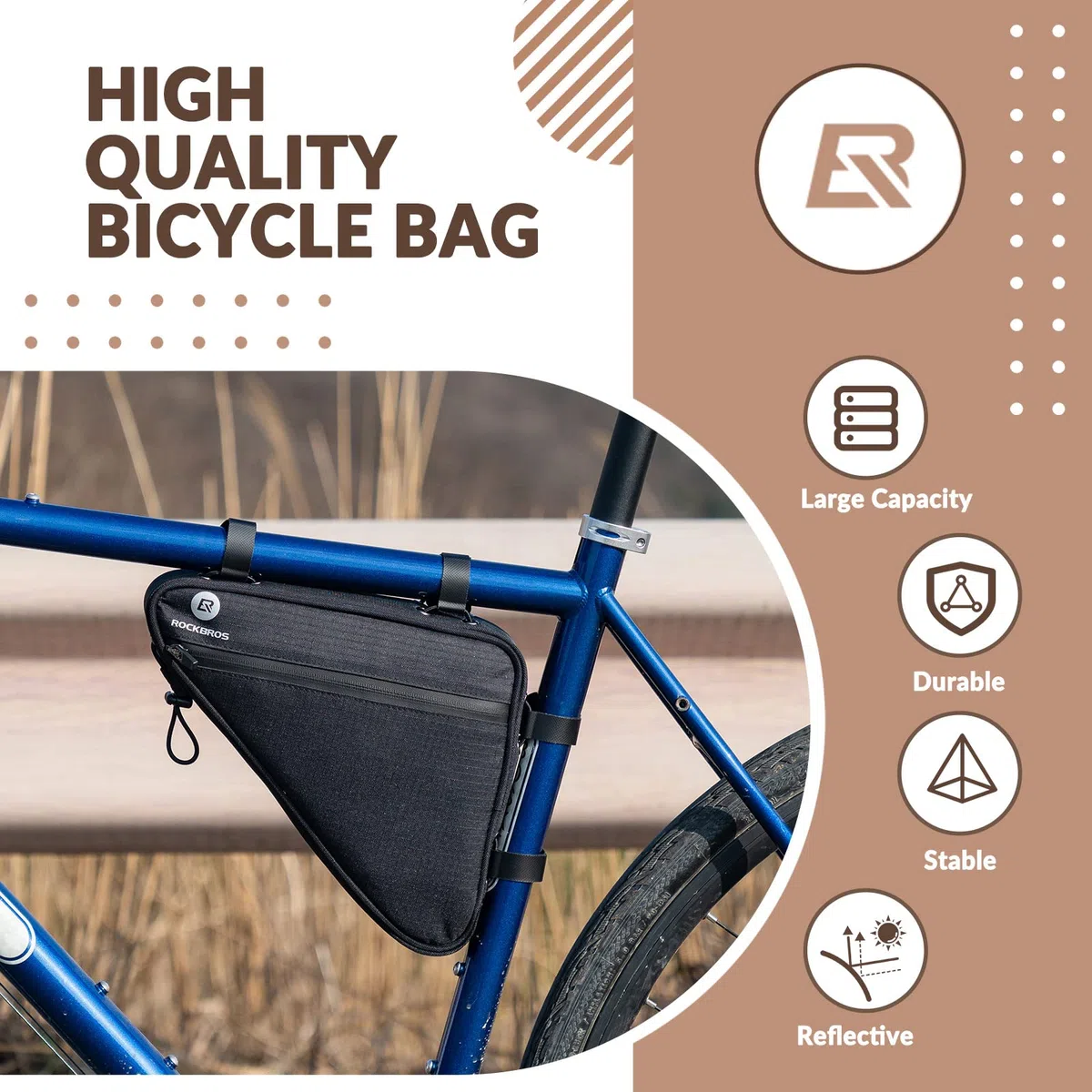 ROCKBROS Bolsa Triangular Bicicleta para Cuadro, Bolsa de Almacenamiento para Tubo Reflectante Gran Capacidad para MTB Bicicleta de Carretera