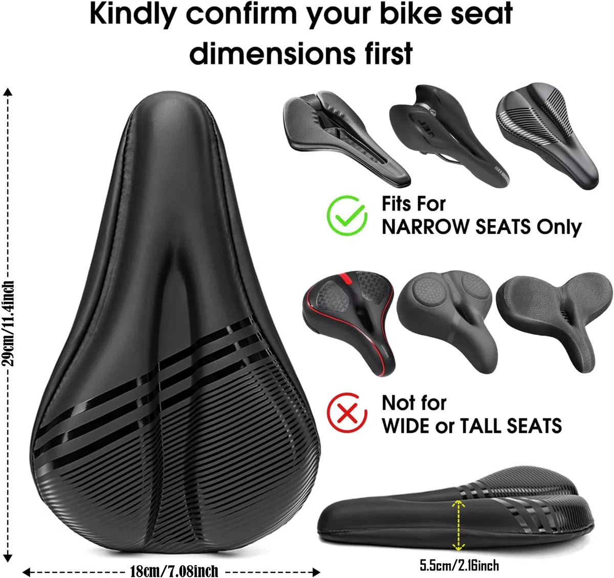 Funda Sillin Bicicleta Gel,Funda para Asiento de Bicicleta,con Funda Impermeable,Superficie de PU Mejorada,para Sillín Estrecho de, Apto para BMX,MTB y Carretera