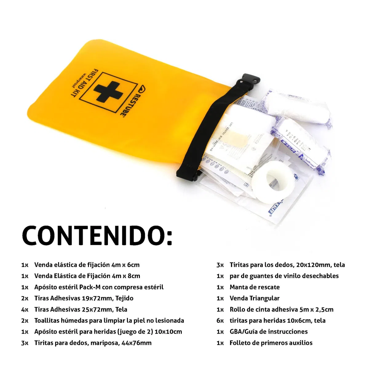 Restube Set de primeros auxilios – para deportes acuáticos y al aire libre – Kit de primeros auxilios impermeable para viajes, camping, senderismo, niños, coche, bicicleta – Travel Essentials, First