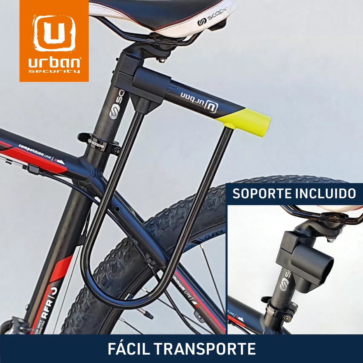 URBAN 12U300 Candado Bicicleta U, Alta Seguridad, Ligero y Amplia Horquilla ø15 Acero Endurecido de Doble Bloqueo, Cerradura Anti-Ganzúa, Soporte Fácil Transporte, Antirrobo Universal Bici Patinete