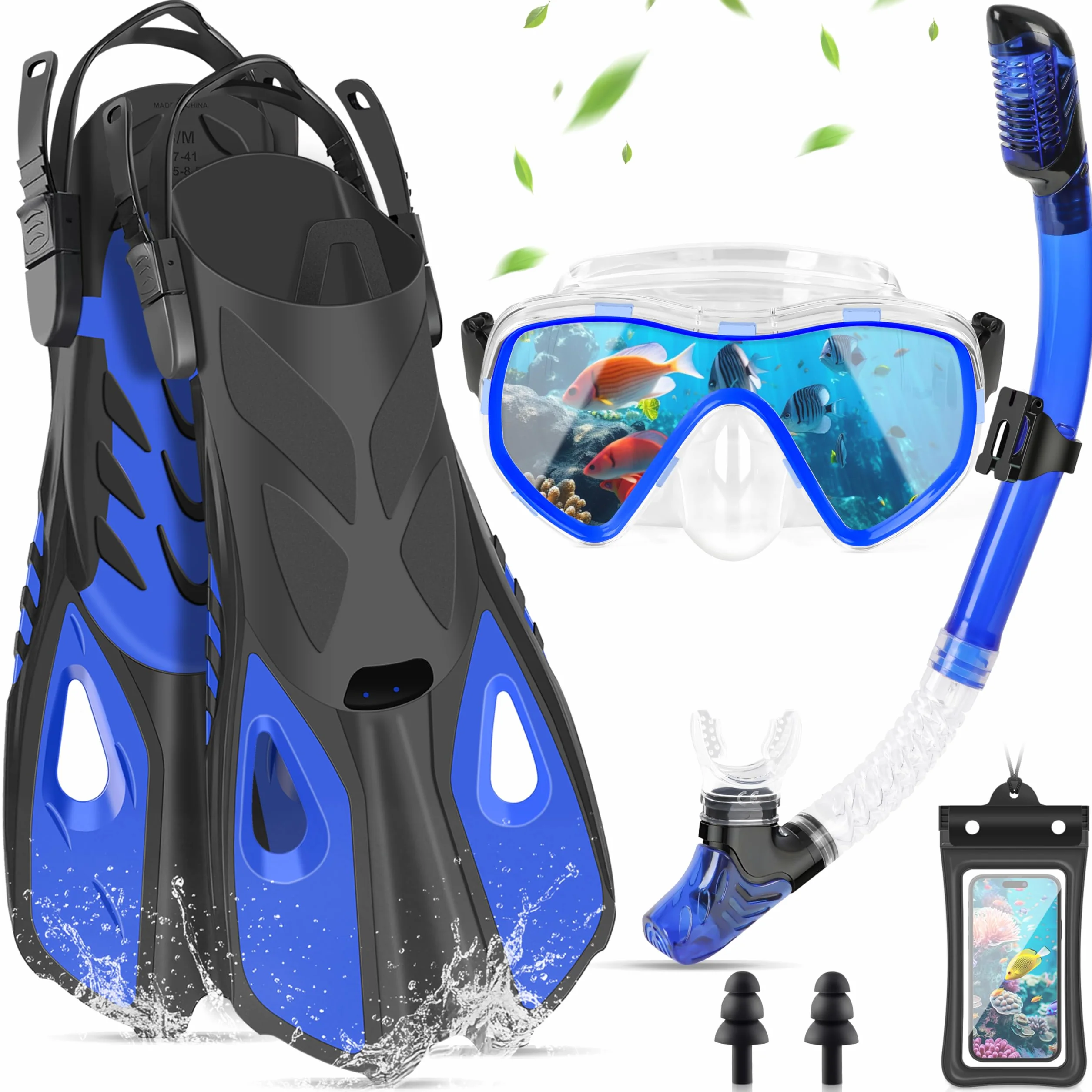 IEEILULU Snorkel Set Adulto, Kit Snorkel 7 Piezas con Máscara de Buceo Antivaho y Aletas Ajustable para Hombre Mujere con Bolsa Portátil, Dos Tamaños