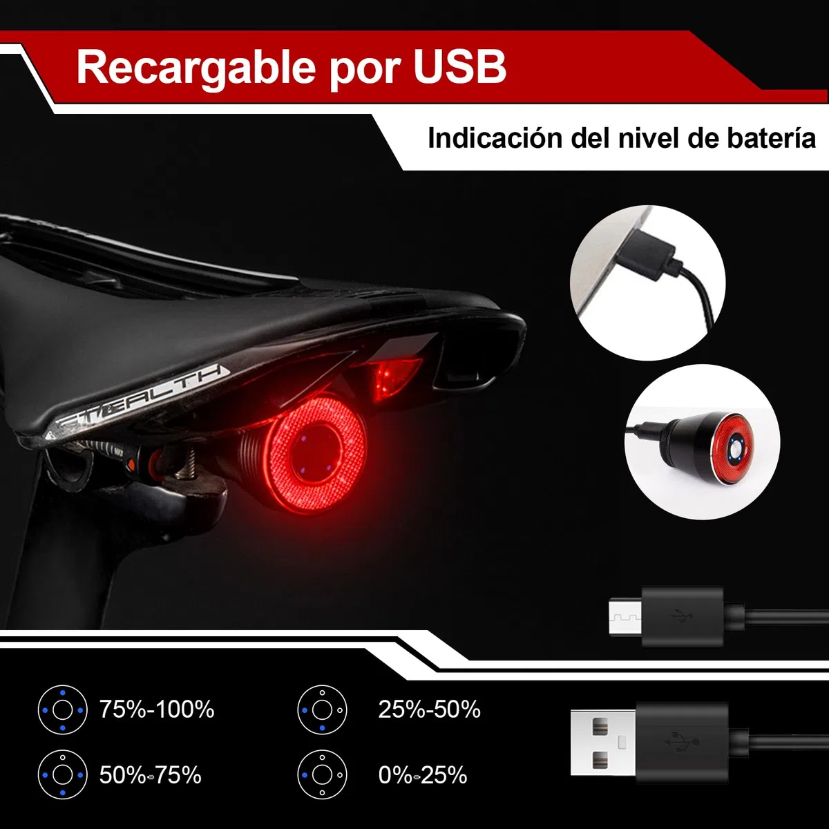 EBUYFIRE Luz Trasera de Bicicleta Inteligente Recargable USB, Super Brillante Rojo Luz LED Bici, Impermeable, Faro Trasero Bici para Máxima Seguridad de Ciclismo