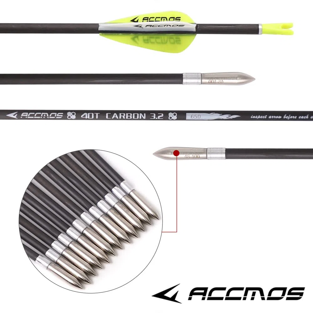 ACCMOS 12 pz Concurso Flechas de Práctica ID 3,2 mm 40T Flecha de Carbono Spine 350 400 450 500 550 600 650 700 750 800 850 900 1000 Tiro al Arco Flechas