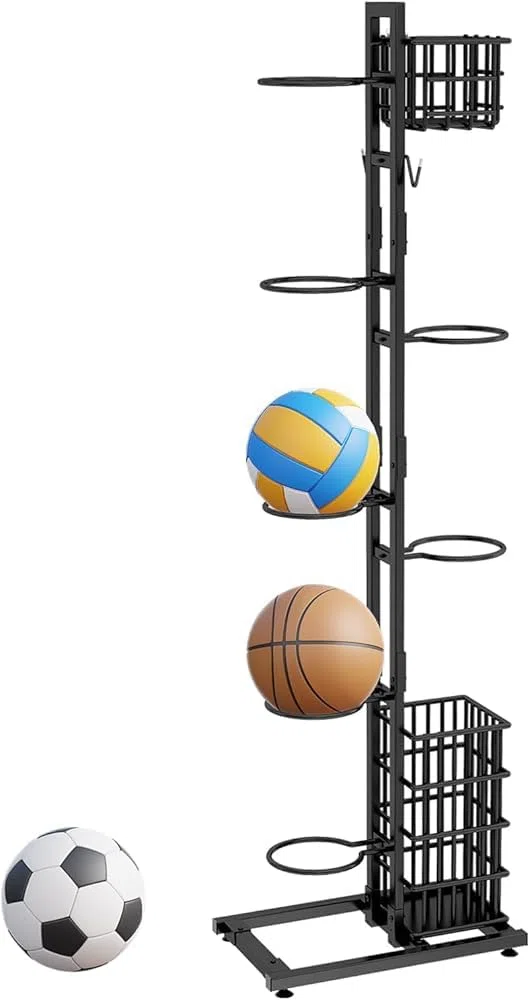 Estante de almacenamiento para balones de fútbol, baloncesto, voleibol, fútbol, equipo deportivo, organizador con cesta para garaje o gimnasio