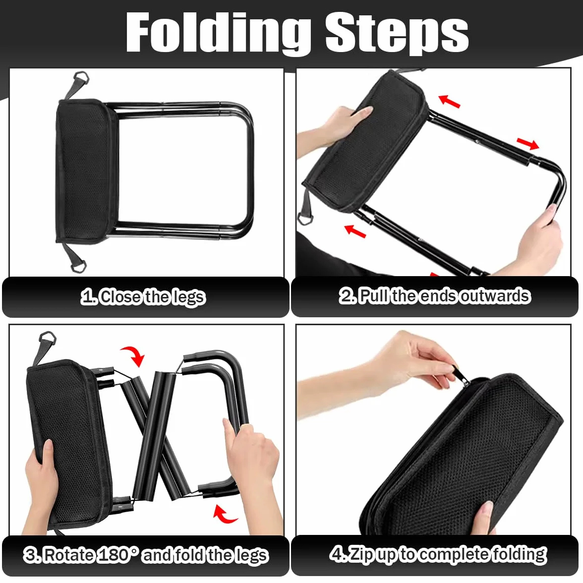 Taburete Plegable Portatil Exterior, Taburete Plegable Camping Pequeño Con Malla y Correa, Mini Sillas Plegables para Acampar al Aire Libre para Interiores y Exteriores Camping Senderismo (Black)