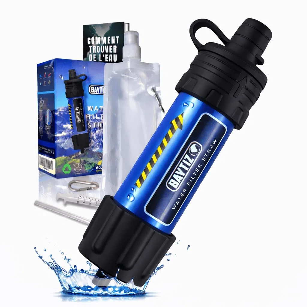 BAYTIZ ® Filtro de Agua Portatil + Botella Suave - Pajitas de Supervivencia - Filtros Movil para Camping y Senderismo - Kit Purificador - Accesorios para Camper - Sistema Militar Montaña Water Filter