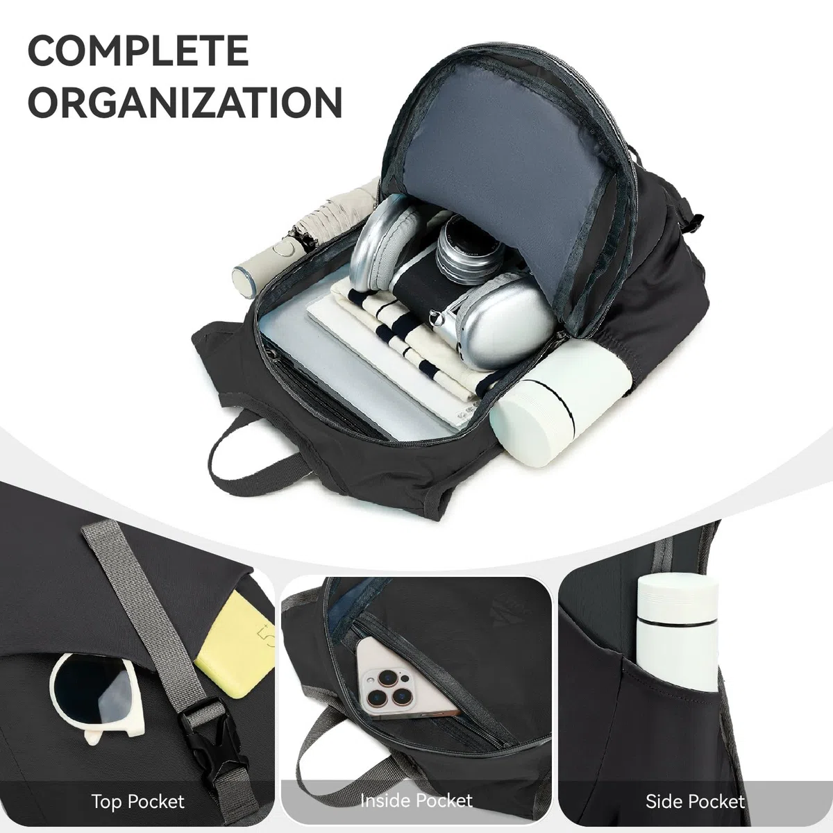 Mochila Pequeña Senderismo 15L para Mujer y Hombre, Mochila Plegable Ligera para Viajes Trabajo Al Aire Libre, Negro