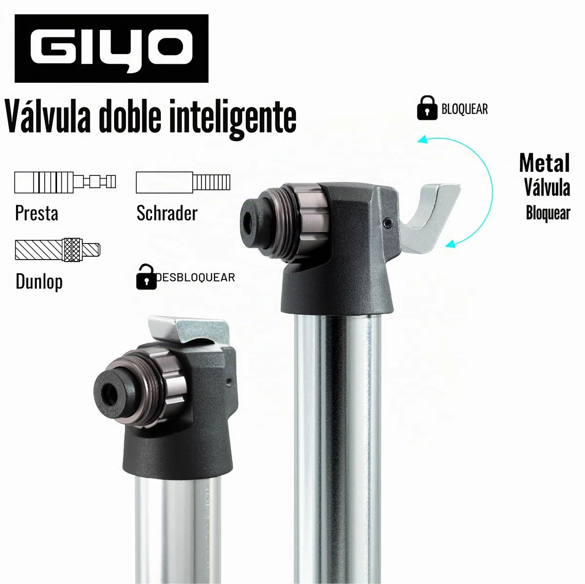 GIYO GM-45CT - Minibomba de bicicleta de 2 fases de alto volumen (80 cc) / bomba de aluminio de alta presión (7 bar) para bicicleta de montaña, válvula Clever Twin (Presta/Schrader/Dunlop), tamaño de