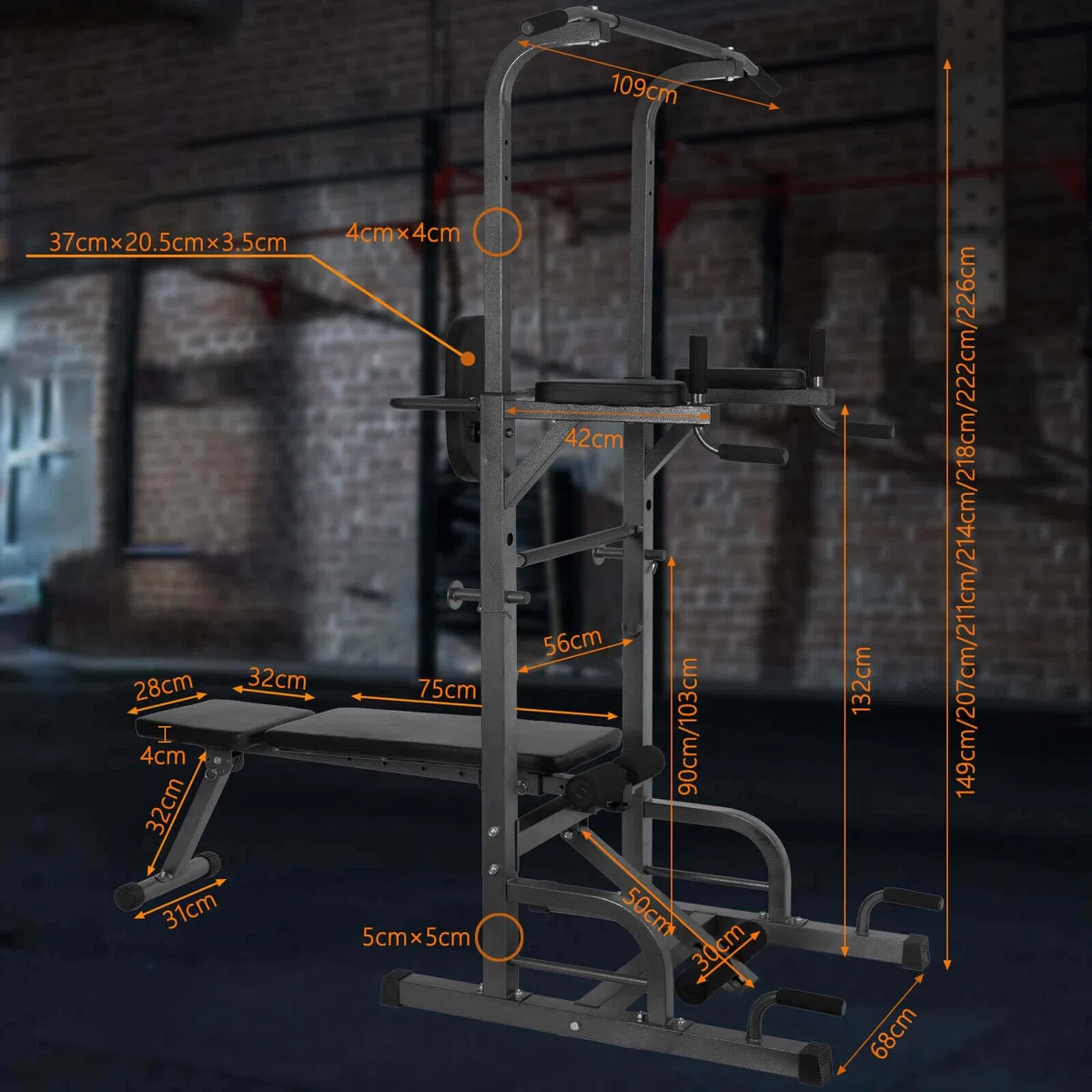 ALLINLIFE Estación de Musculación,Maquina Dominadas Multifuncional,Estación de Dominadas con Banco de musculación Plegable,Máquina de Musculación con Barra de Flexiones y Dips para Gimnasio en Casa