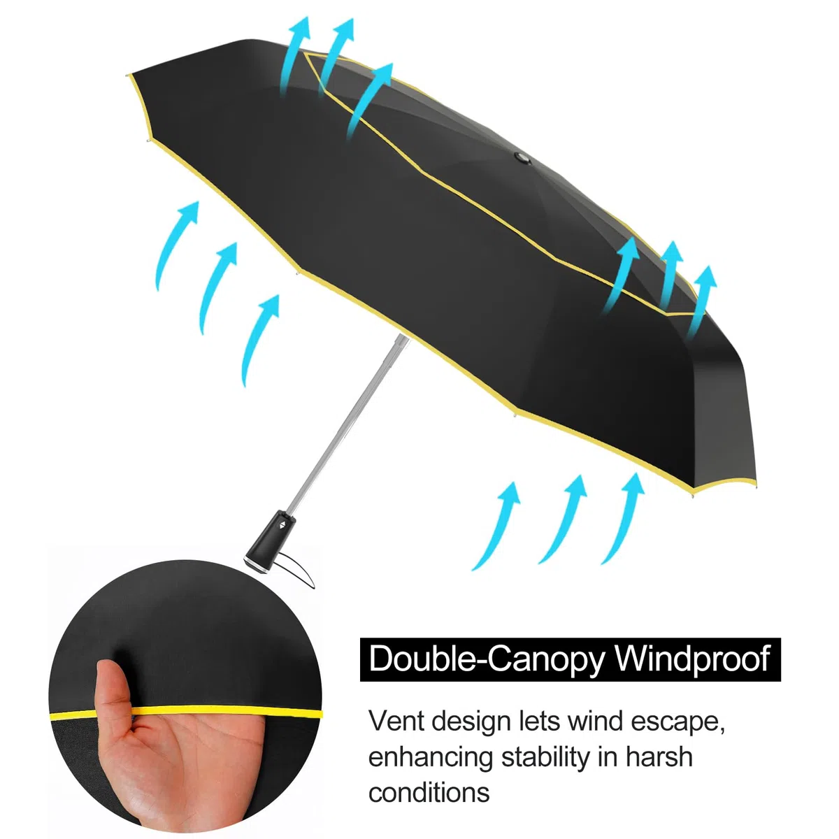Satol Paraguas Plegable Antiviento Automático Abierto Paraguas Resistente Paraguas de Golf y Mujeres 10 Varillas (Negro, 54 pulgadas)