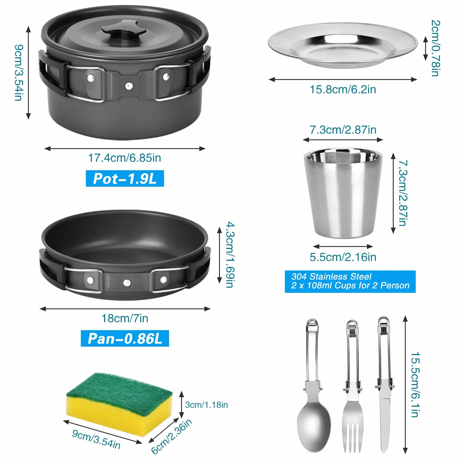 Queta Juego de utensilios de cocina para camping, 17 piezas, kit de cookware, ollas de picnic para 2-3 personas, para camping, senderismo, picnic, barbacoa, certificado por la FDA