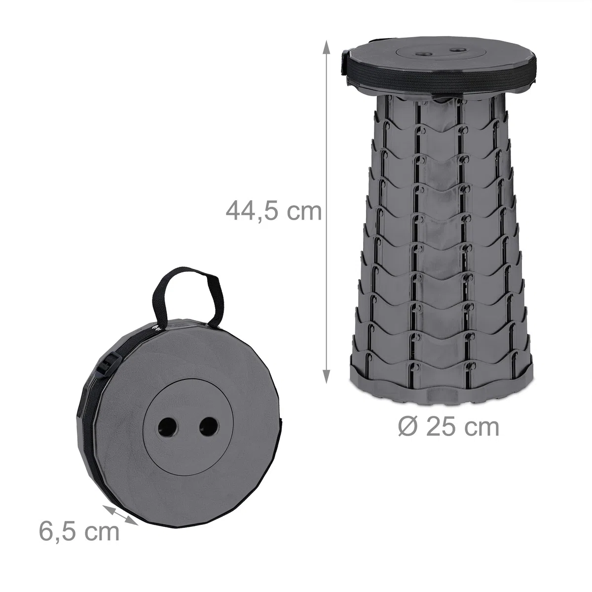 Relaxdays Taburete Telescópico, Banqueta Plegable Camping, con Correa, Altura Ajustable, 44,5x25x25 cm, Gris