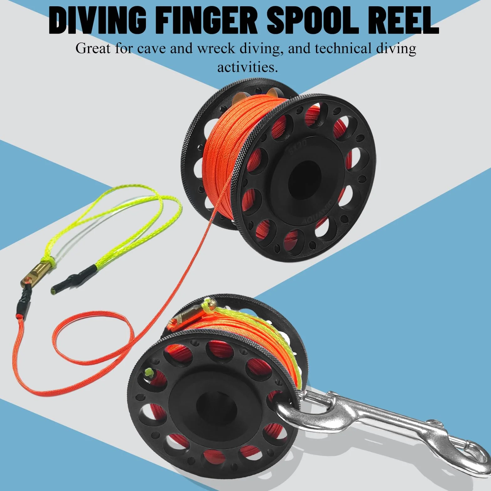 Carrete de buceo de 99 pies, carrete de dedo con perno de doble extremo, clip de presión de aluminio, carrete de carrete de dedo para esnórquel, buceo, pesca, color negro