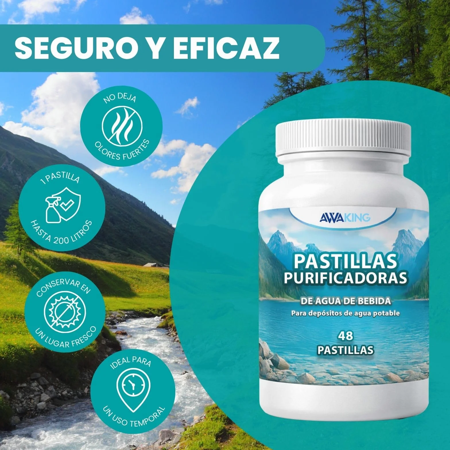 AWAKING Pack 2 x 48 Pastillas Potabilizadoras de Agua | Tratamiento hasta 19.200 Litros | 200L por Pastilla | Ideal para Depósitos, Bidones y Caravanas.