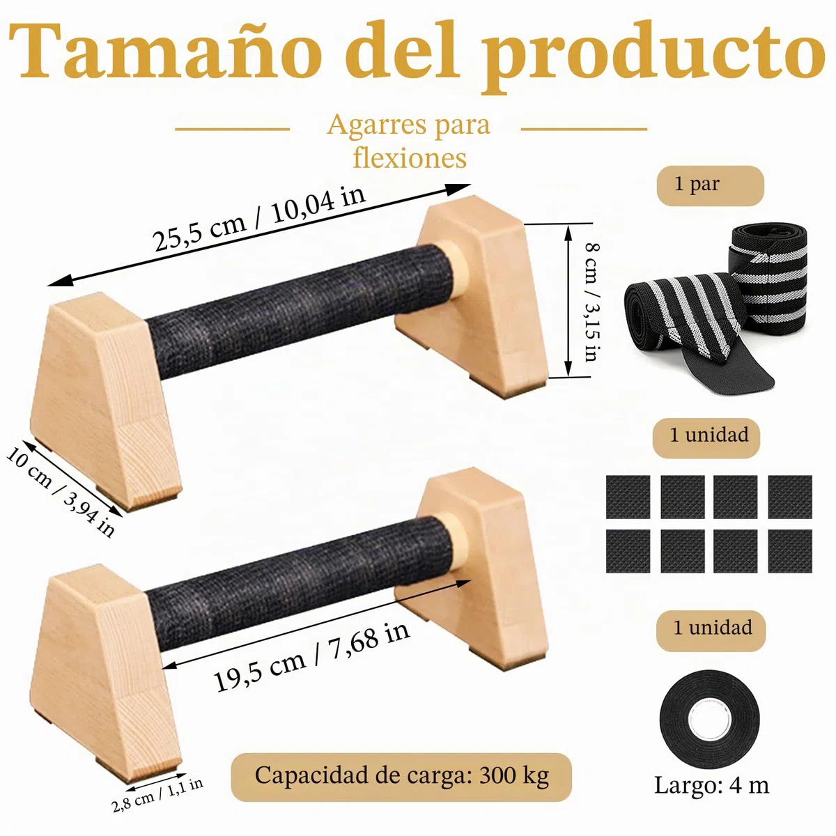 Paralelas Calistenia, 2 Piezas Barras Paralelas de Madera, Push Up de Madera Paralelos, Barra de Flexiones Maciza, con 1 Rollos de Cinta Adhesiva y 1 Par de Muñequeras, para Fitness, Gimnasia
