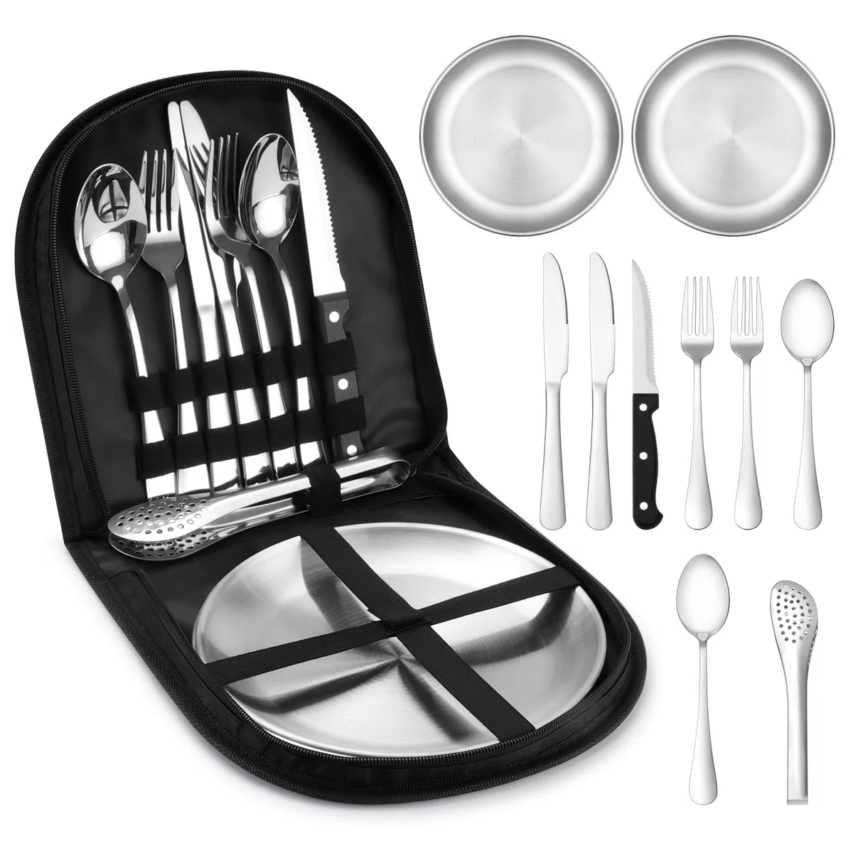Juego de Cubiertos de Camping para 2 Personas, 10 Piezas Conjunto de Platos de Camping de Acero Inoxidable para Camping, Picnics, Viajes