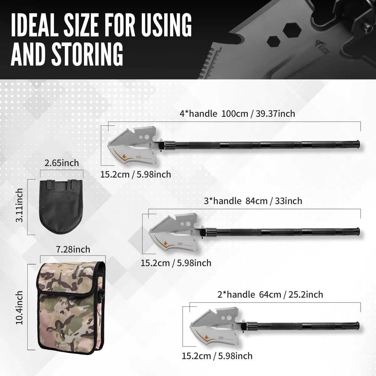Zune Lotoo Pala Plegable de 100cm, 15 en 1 Pala Multiusos Portátil de Acero al Carbono con 3 Combinaciones de Longitudes, Pala Plegable Compacta para Camping, Senderismo, Jardín, Aventura