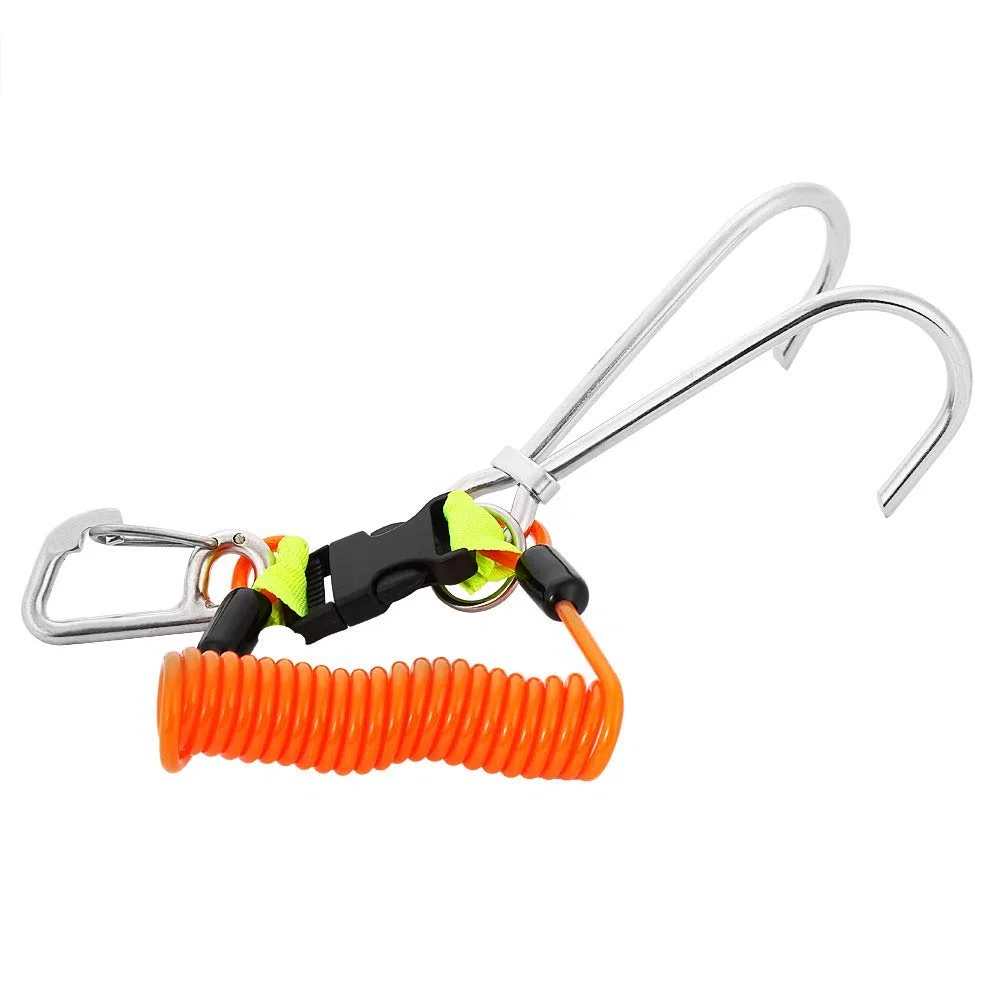 Alomejor Gancho de Arrecife para Buceo, Gancho Doble de Arrecife de Acero Inoxidable con Cordón de Bobina en Espiral, Accesorios de Seguridad para Buceo