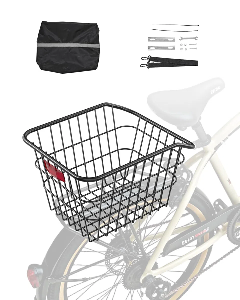 VEVOR Cesta Trasera para Bicicleta Cesta de Alambre de Metal para Bicicleta con Luz Trasera Reflectante y Cubierta Impermeable Cesta Trasera para la Mayoría de los Portabicicletas Traseros