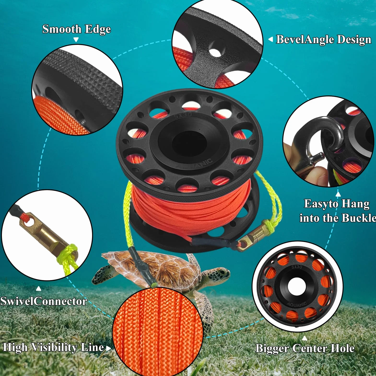 Carrete de buceo de 99 pies, carrete de dedo con perno de doble extremo, clip de presión de aluminio, carrete de carrete de dedo para esnórquel, buceo, pesca, color negro