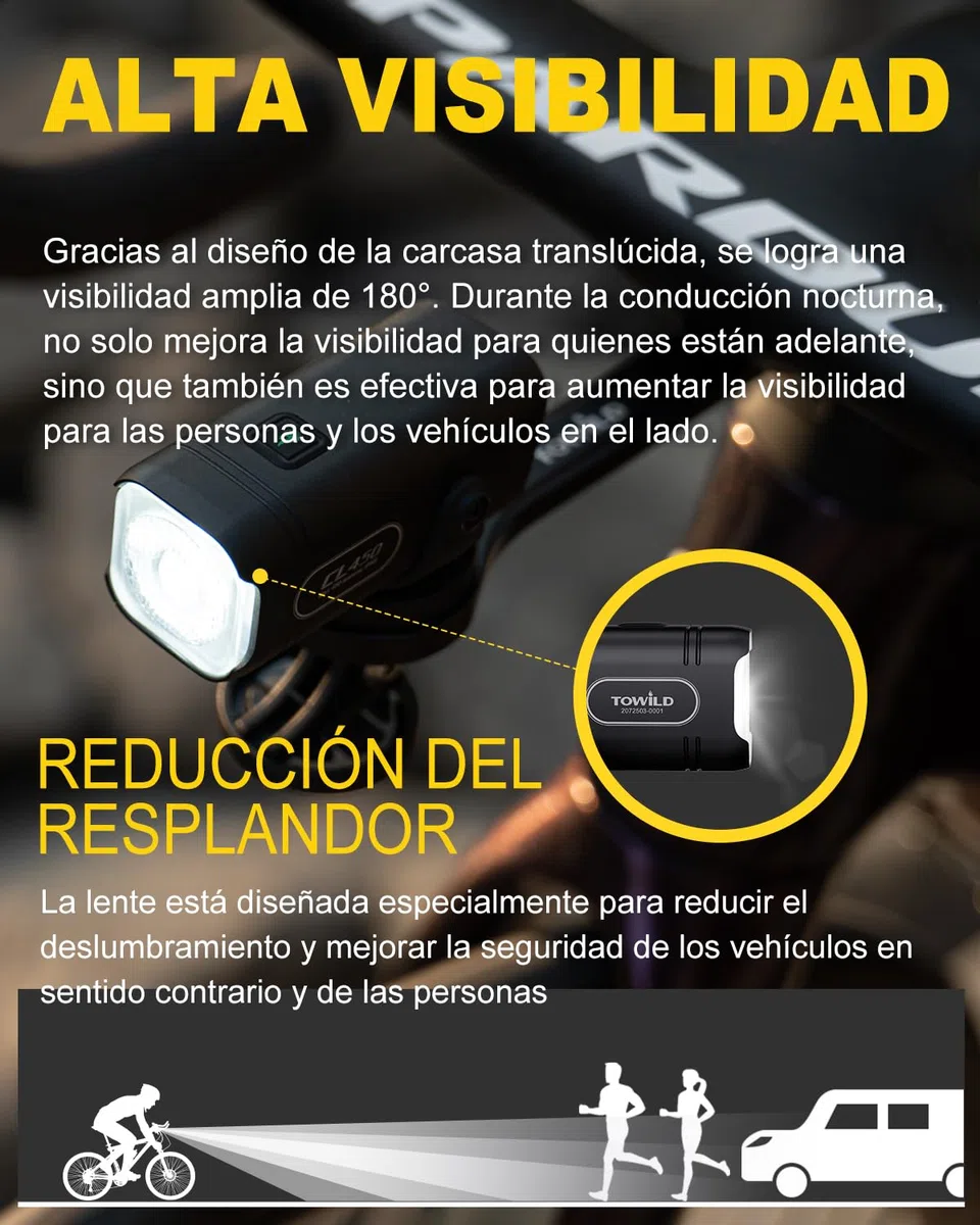 TOWILD CL450 Luz Frontal para Bicicleta - 450 Lúmenes Luces Delantera Recargable USB-C IPX6 Impermeable Luz de Ciclismo 5 Modos 7h Autonomía Ligera y Compacta
