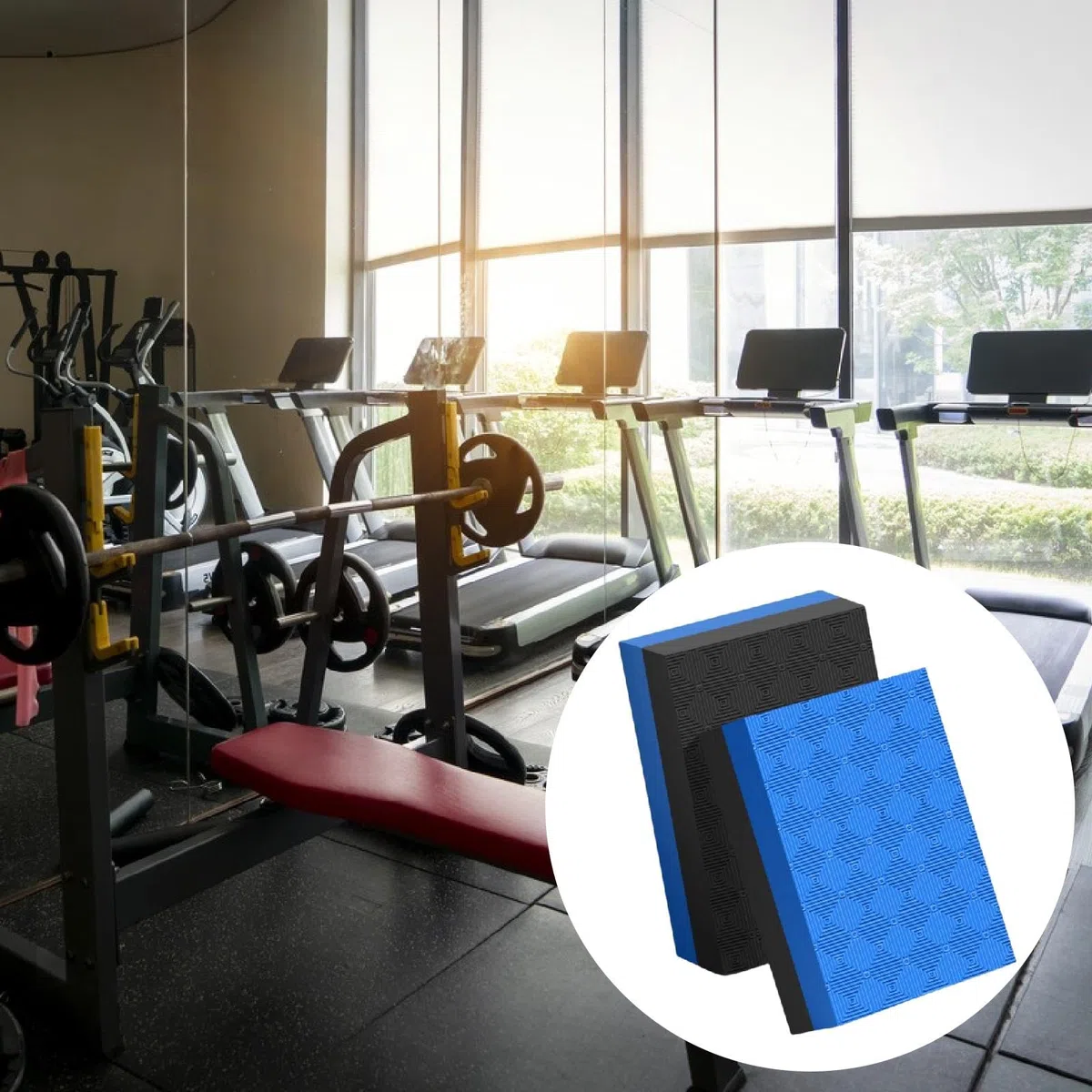 2 Piezas Almohadilla Barra Pesas Colchoneta Reforzada Material PVC Absorbente Ruido Adecuada para Levantamiento Gimnasio Oficina Uso, Negro Azul 50x33x4cm, Individual