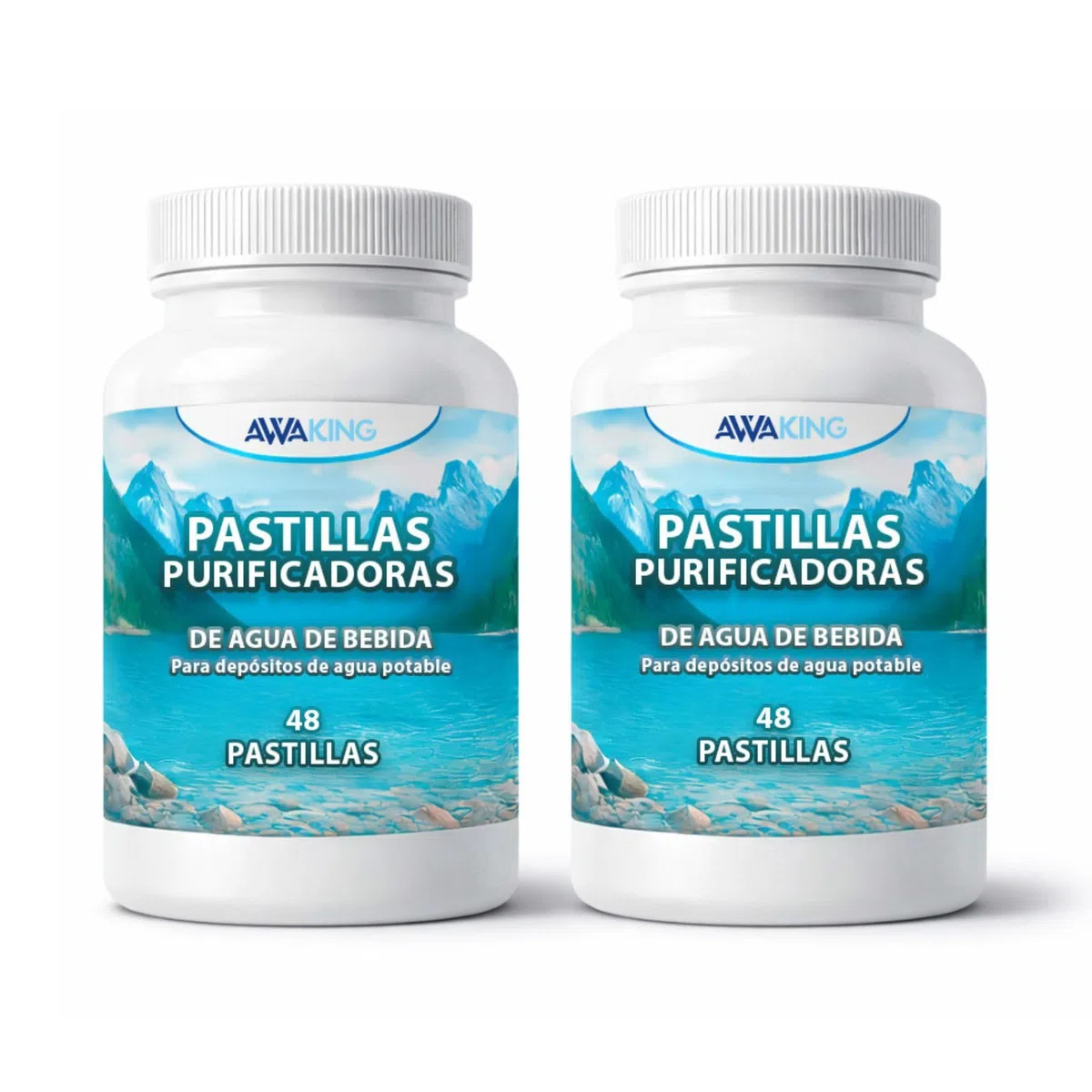 AWAKING Pack 2 x 48 Pastillas Potabilizadoras de Agua | Tratamiento hasta 19.200 Litros | 200L por Pastilla | Ideal para Depósitos, Bidones y Caravanas.