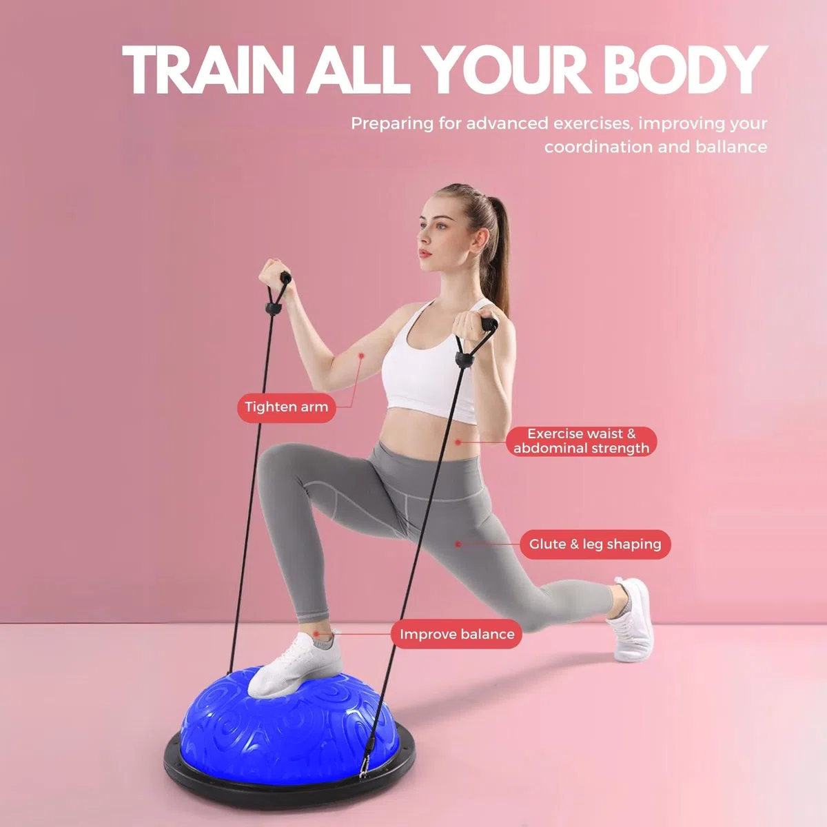 MAGIC SELECT Balón de Entrenamiento de Equilibrio. Pelota Antideslizante para Fitness, Yoga, Pilates, Entrenamiento de Fuerza con Bandas de Resistencia. Pelota Semiesfera para Deporte en el Hogar.