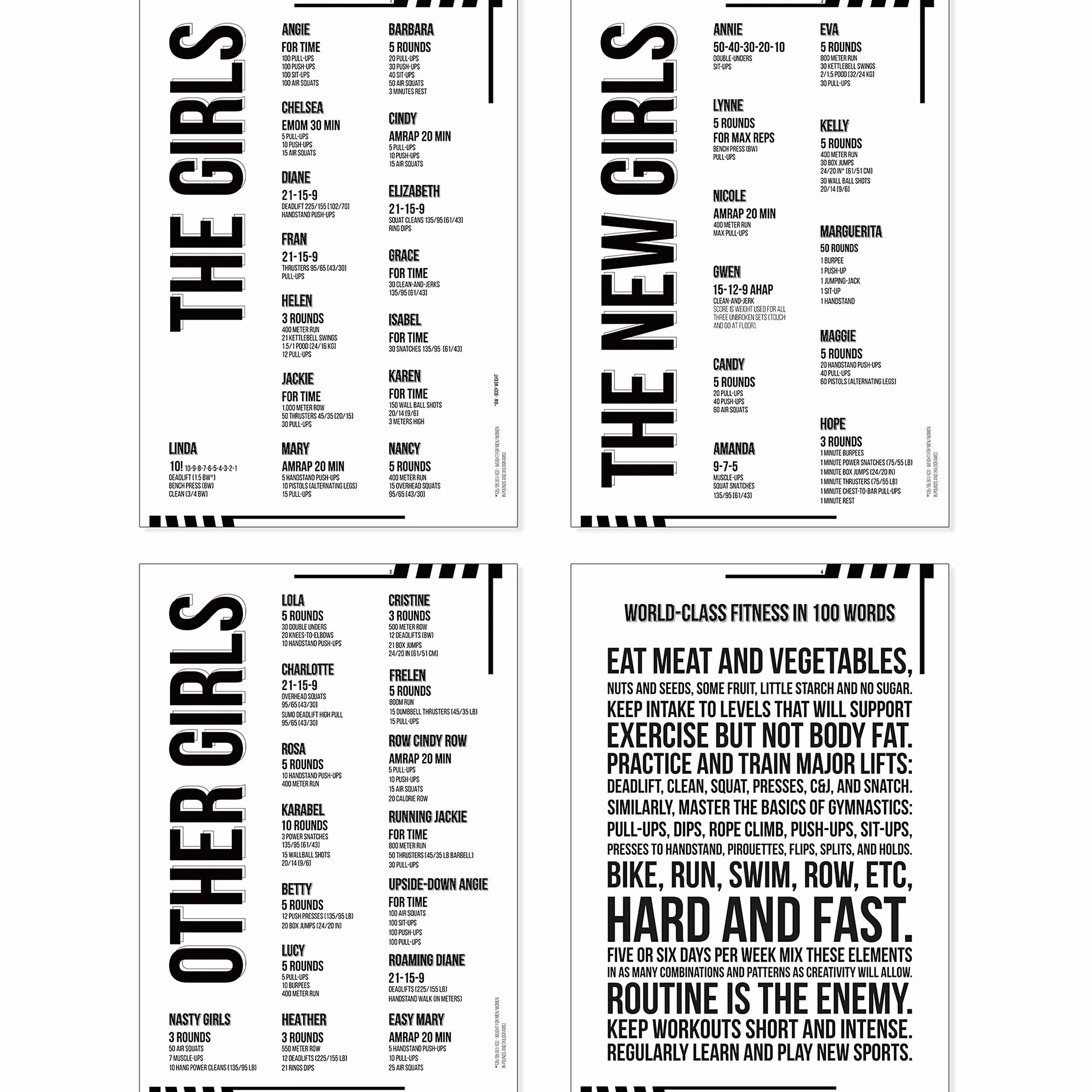 The Girls - Juego de pósteres deportivos con 4 pósteres de entrenamiento con 41 colecciones originales de WODs Cross Training (4 pósteres laminados A3)