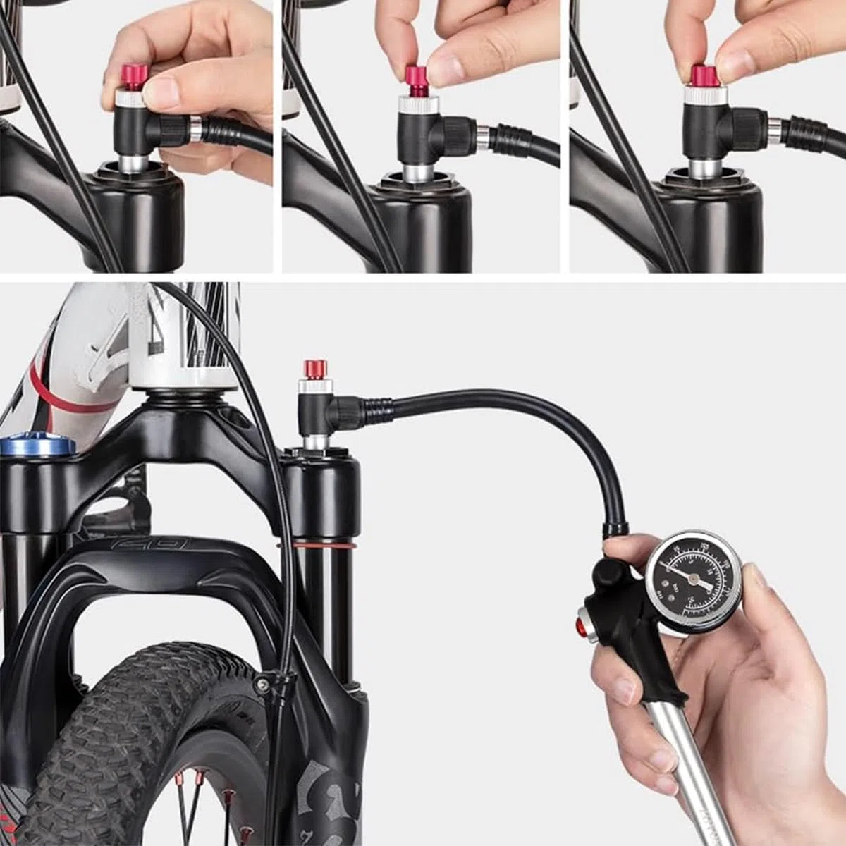 Qury Bomba de bicicleta de alta presión 300PSI inflador portátil de aleación con manómetro para horquilla, neumático de choque eléctrico, color plateado