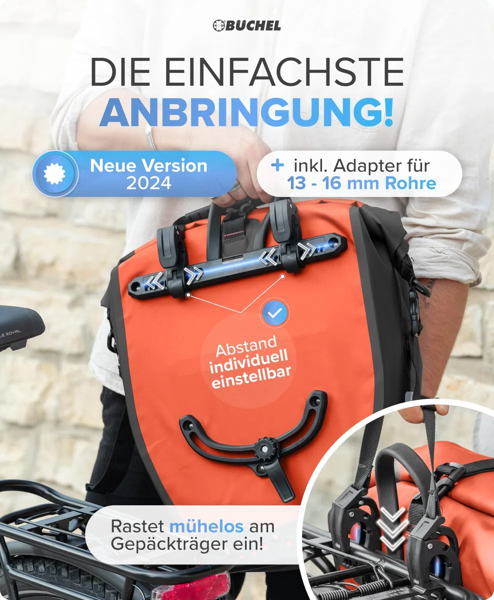 Büchel Alforjas para portaequipajes, 2 Unidades, 25,4 L – 100% Impermeable, con asa y Correa para el Hombro, Bolsa para Bicicleta, Bolsa para portaequipajes, Bolsas traseras para Bicicleta