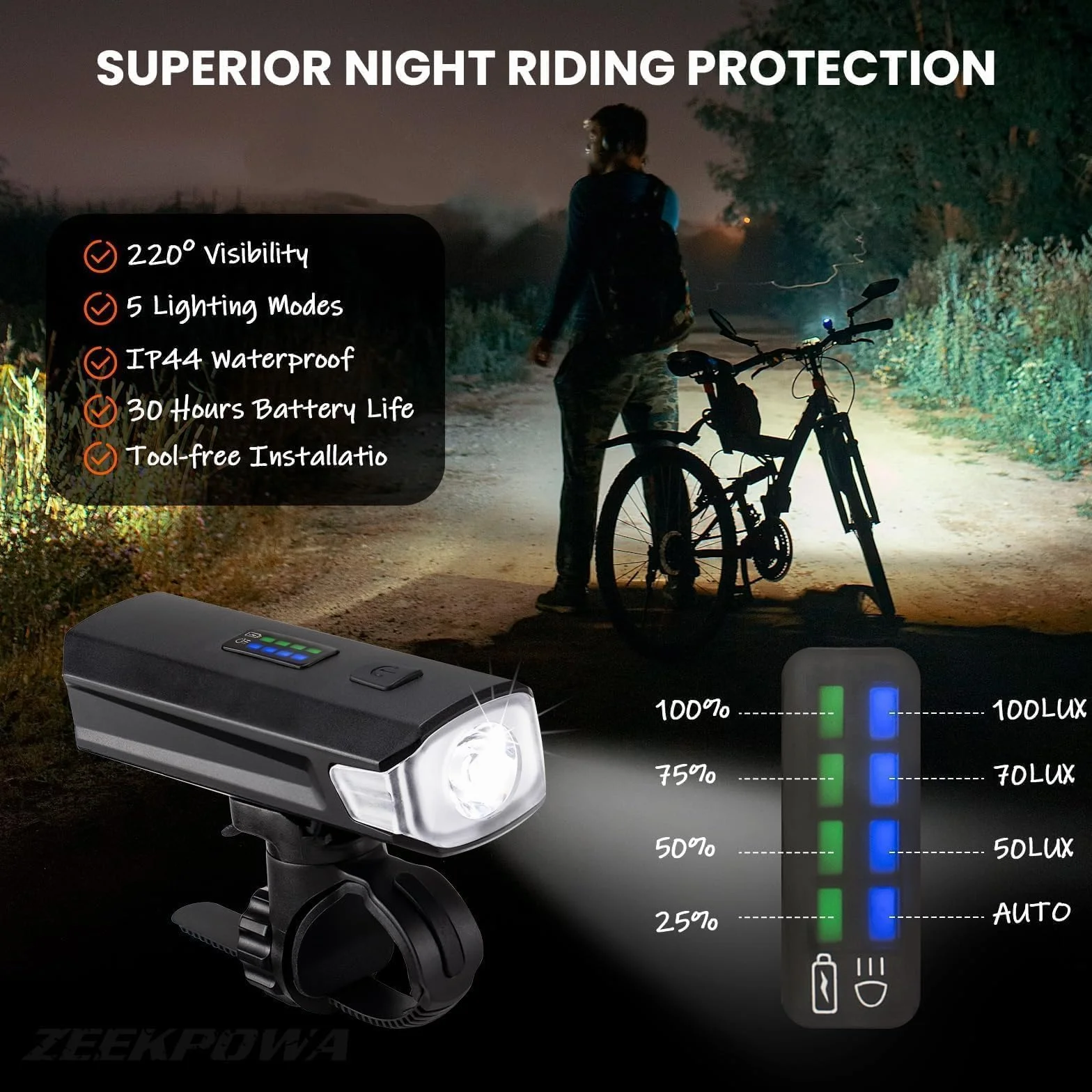 Kit de iluminación de bicicleta Batería USB y duración de iluminación de 8,5 h I Kit de iluminación LED impermeable y recargable I Luz de bicicleta